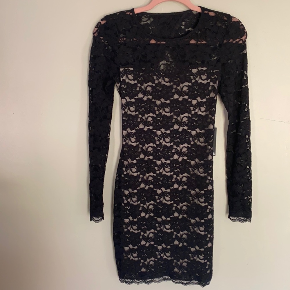 Express Black Long Sleeve Open Back Lace Dress - XS